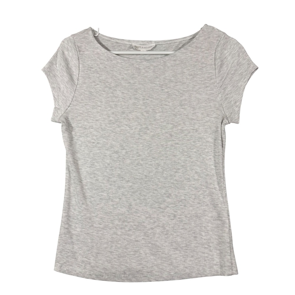 Sage + Stone Ribbed Boat Neck Top Womens Large Grey Short Sleeve‎ Modal Stretch